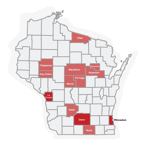 Map of Wisconsin showing counties where fellows are placed